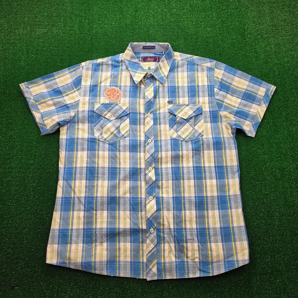 Akoo Shirt Mens XL Blue Yellow Plaid Dual Chest Flap Pockets Button Up Cotton